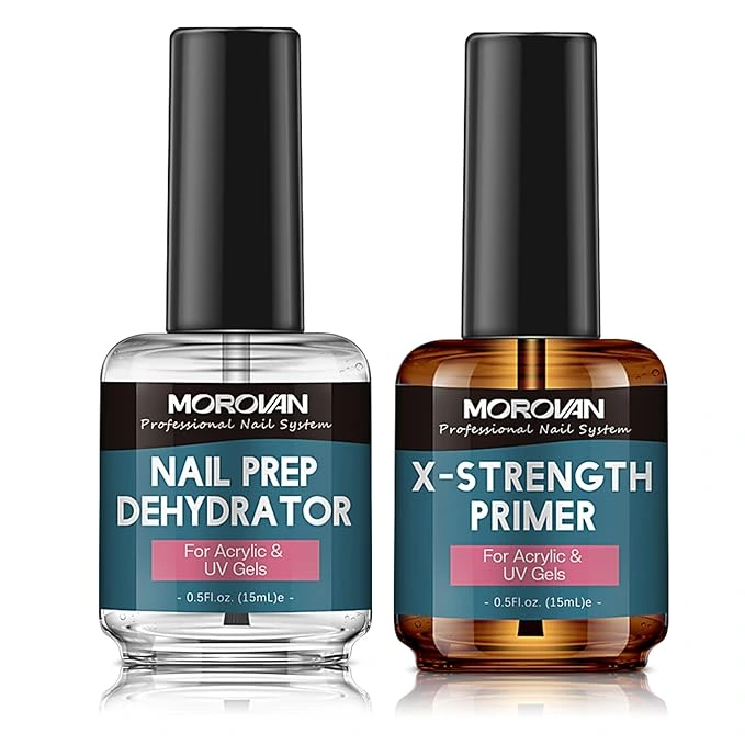 "Beginner applying acrylic nails on natural nails at home using nail prep tools on a clean desk"