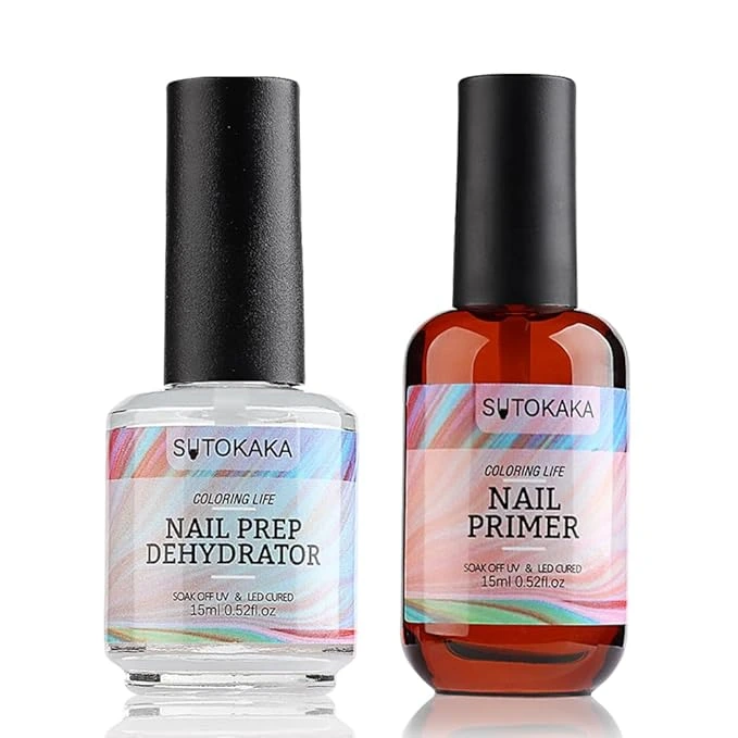 "Beginner applying acrylic nails on natural nails at home using nail prep tools on a clean desk"