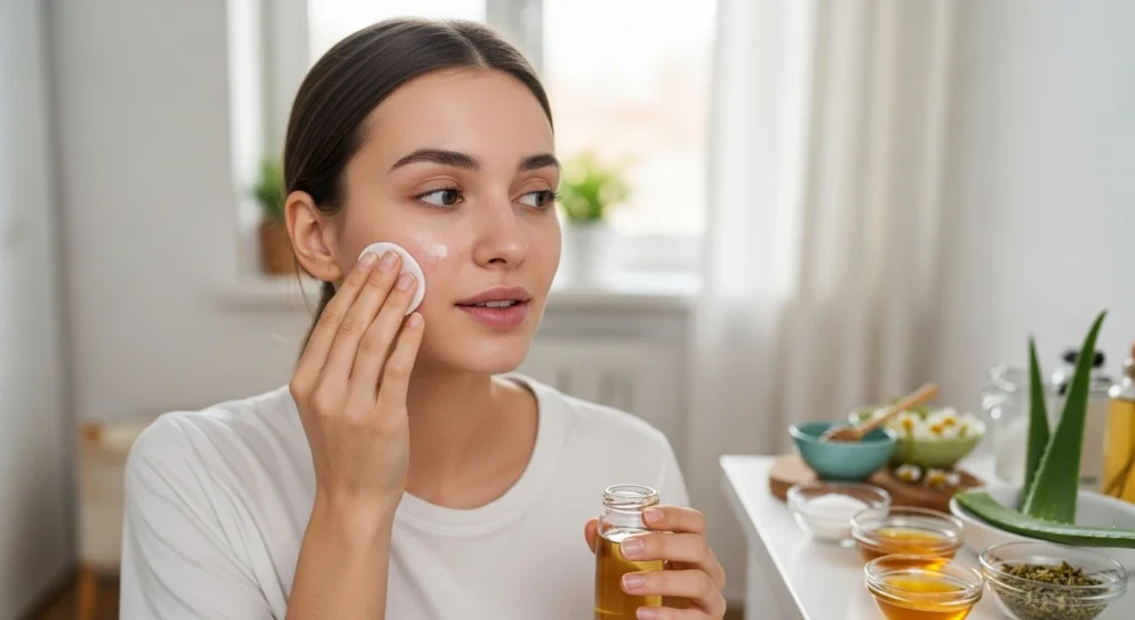 A young woman (around 25 years old) with minimal makeup and natural skin, casually applying a DIY acne remedy at home. She’s using a cotton pad or fingers to dab a homemade mix of aloe vera and apple cider vinegar on her cheek. The background is a cozy bathroom or bedroom with soft natural light. Small bowls of ingredients like salt, honey, chamomile tea, and aloe are visible on a counter nearby. The mood is calm, clean, and real—not overly polished.