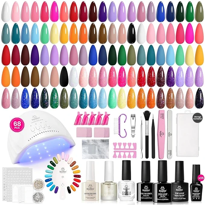 Beetles Gel Nail Kit featuring multiple colors and mini UV/LED lamp for easy home gel extensions