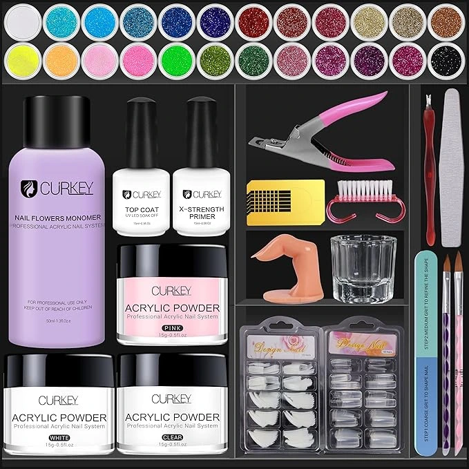 Curkey Acrylic Nail Kit with UV lamp, acrylic powders, 20+ tools, and nail decorations