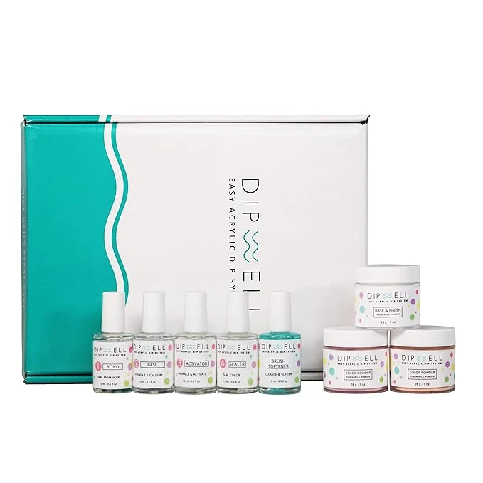 Dipwell Acrylic Dip Nail Kit with dip powders, liquids, and no-lamp application system