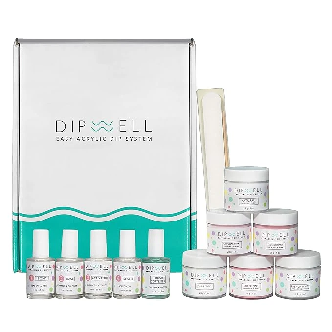 Dipwell Acrylic Dip Nail Kit with dip powders, liquids, and no-lamp application system