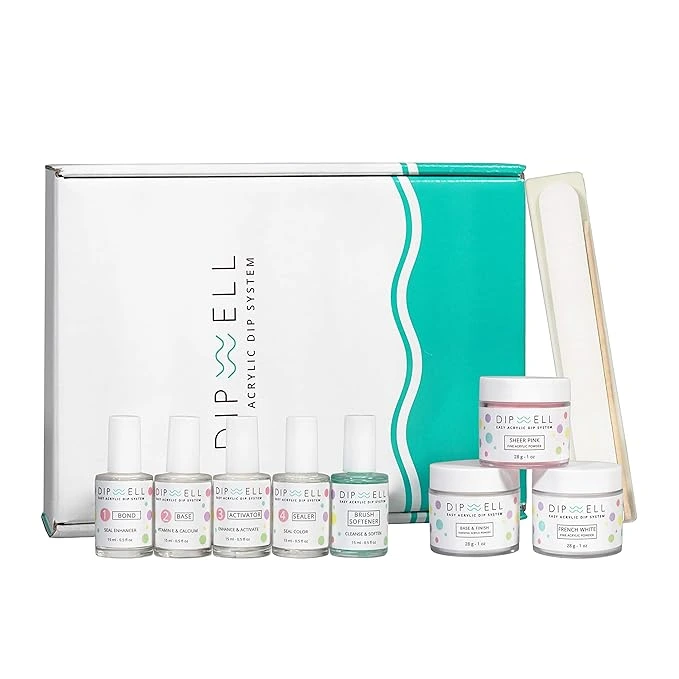 Dipwell Acrylic Dip Nail Kit with dip powders, liquids, and no-lamp application system