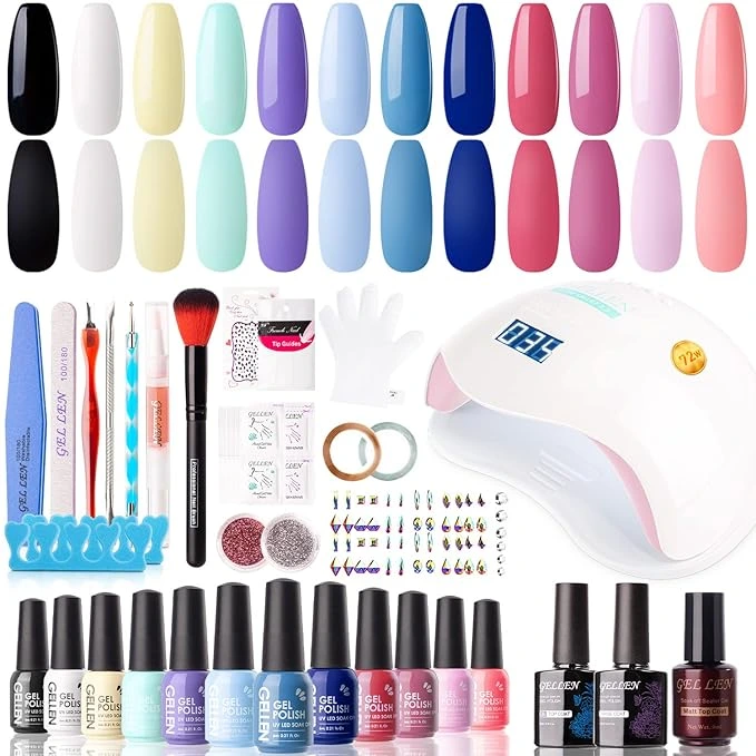Gellen Gel Nail Kit with 6–12 gel polish shades, UV lamp, and nail art decorations