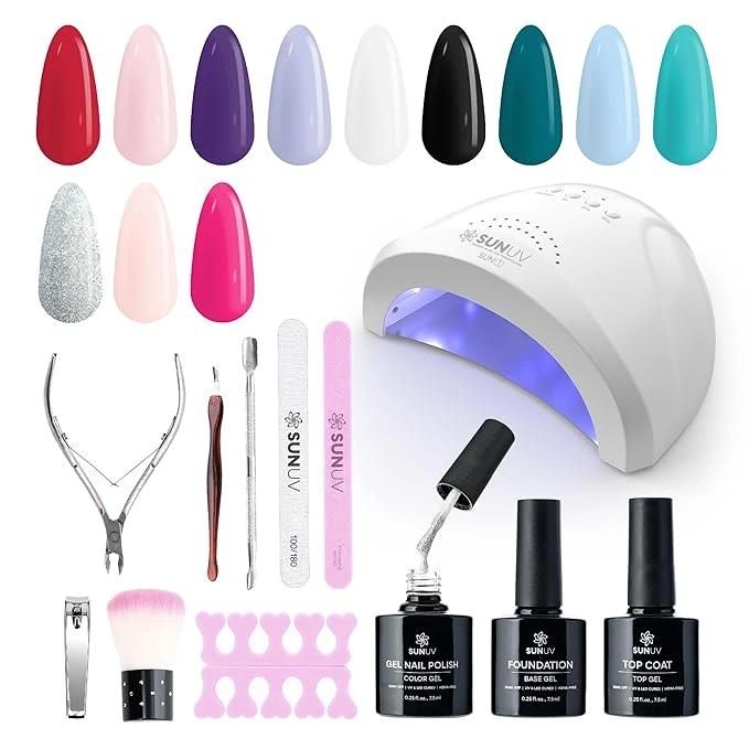 SUNUV Gel Nail Starter Kit with smart UV lamp, e-file, gel polish, and salon-style tools