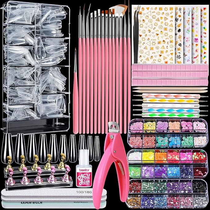 Teenitor Nail Art Kit with dotting tools, brushes, rhinestones, and nail glue