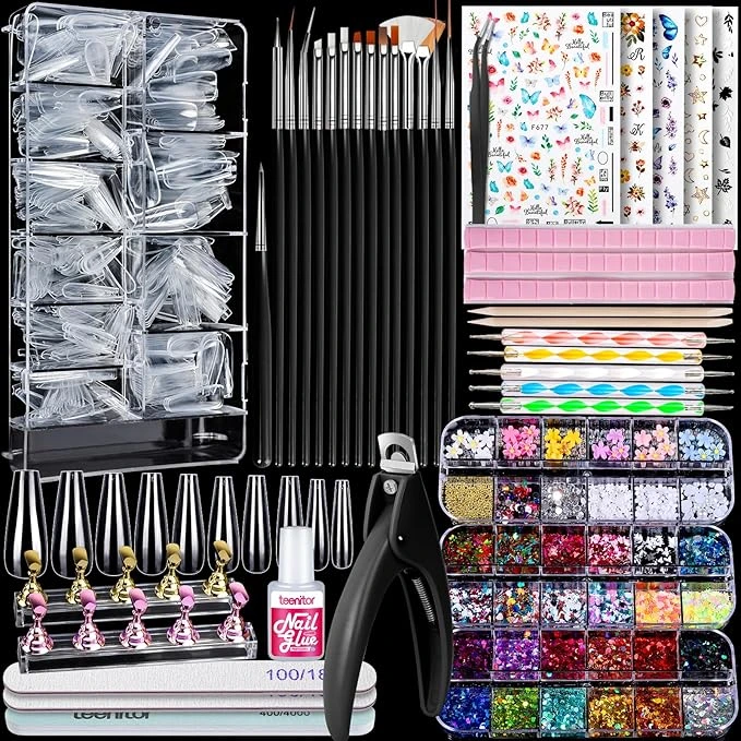 Teenitor Nail Art Kit with dotting tools, brushes, rhinestones, and nail glue