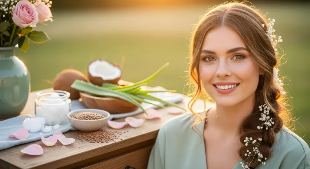 Woman using natural DIY hair care with coconut oil and aloe vera in a garden before a wedding