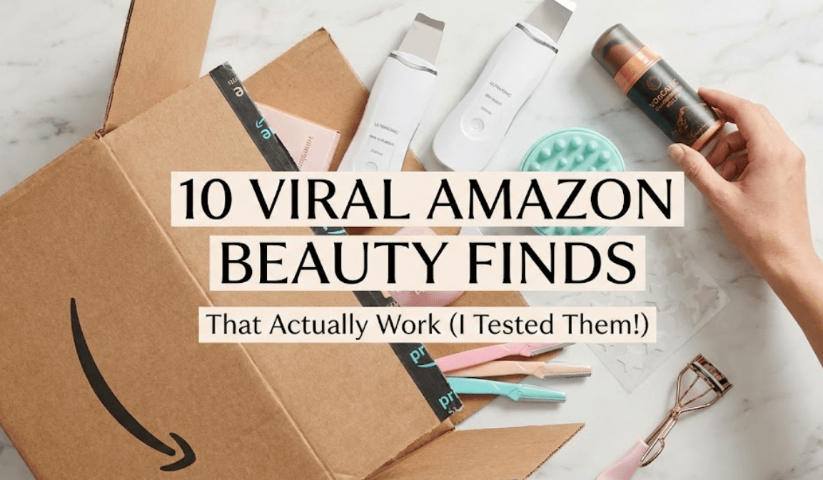 Collection of viral Amazon beauty finds including volcanic roller and skin scrubber