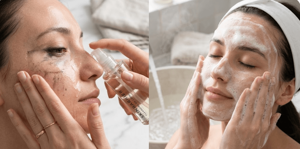 A split photo showing the oil cleansing and water-based cleansing steps, crucial for how to get glass skin.