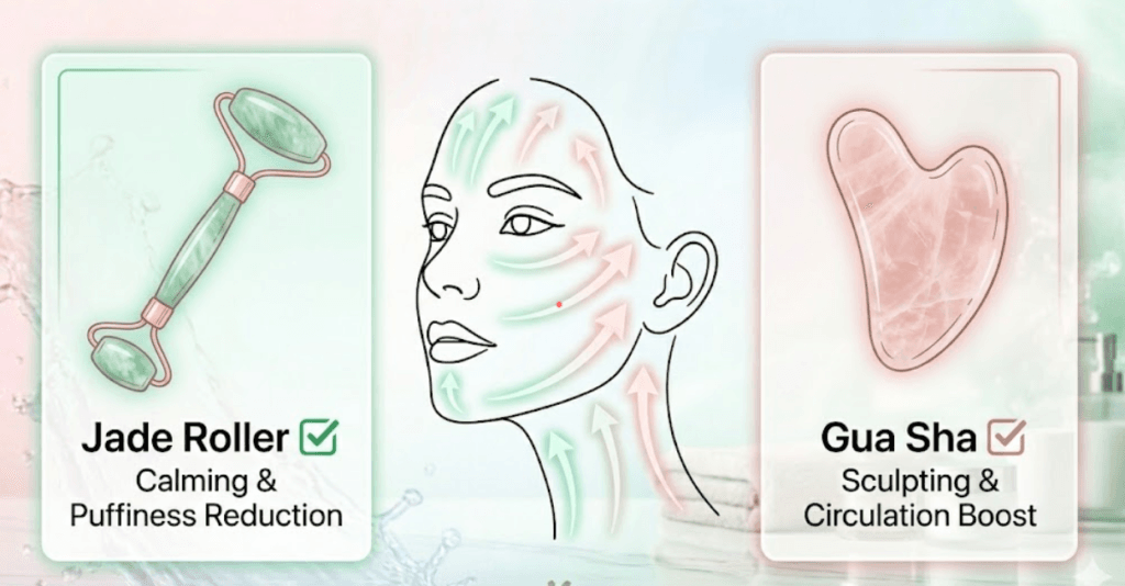 An illustrated diagram showing the correct upward and outward strokes for Gua Sha and facial massage for how to get glass skin.