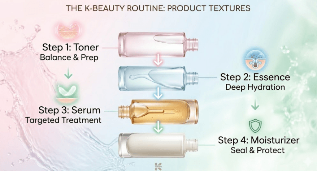 A flowchart showing the correct order of product application for skin flooding, a key technique in how to get glass skin.