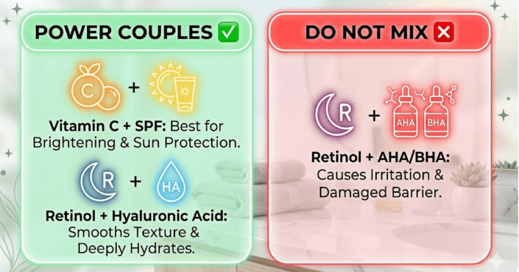 A visual checklist showing safe and unsafe skincare ingredient combinations for users researching how to get glass skin.