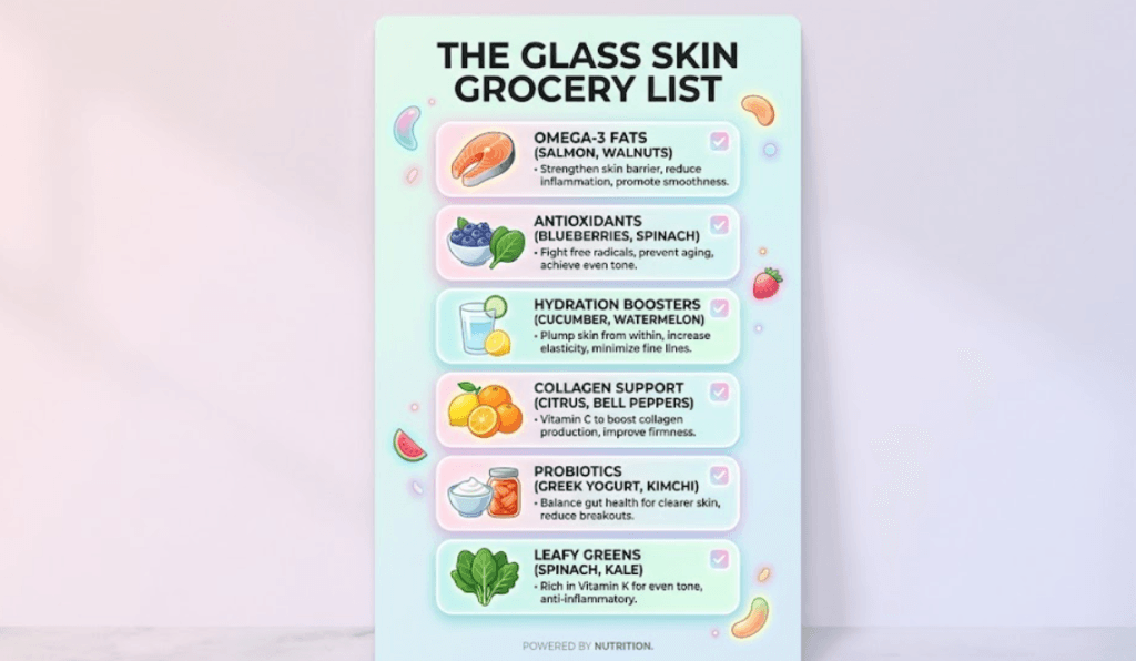 An illustrative infographic and clean checklist titled 'THE GLASS SKIN GROCERY LIST,' featuring icons for healthy fruits, fish, and vegetables like salmon, blueberries, and cucumbers. This visual guide provides essential nutritional tips for achieving radiant, porcelain skin naturally, supporting the article on how to get glass skin through diet and lifestyle optimization