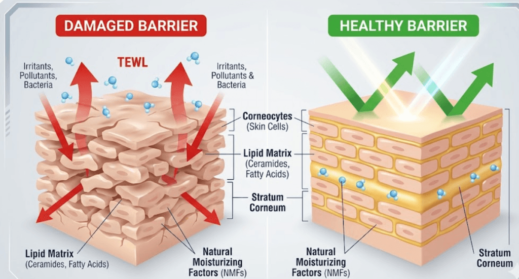 A scientific diagram comparing a damaged skin barrier to a healthy one, explaining the science of how to get glass skin.