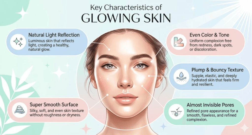 An infographic illustrating the visual characteristics of a flawless complexion, supporting a guide on how to get glass skin.