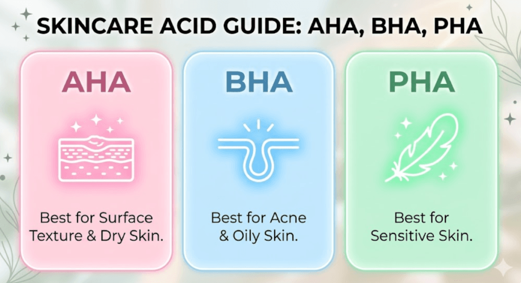 A quick reference infographic guide on choosing the right exfoliating acid (AHA, BHA, PHA) for learning how to get glass skin.